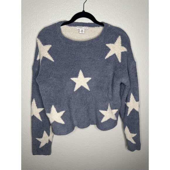 Sincerely Jules Sweaters - Sincerely Jules Sweater Womens Medium Blue White Star Print Fuzzy Knit Pullover